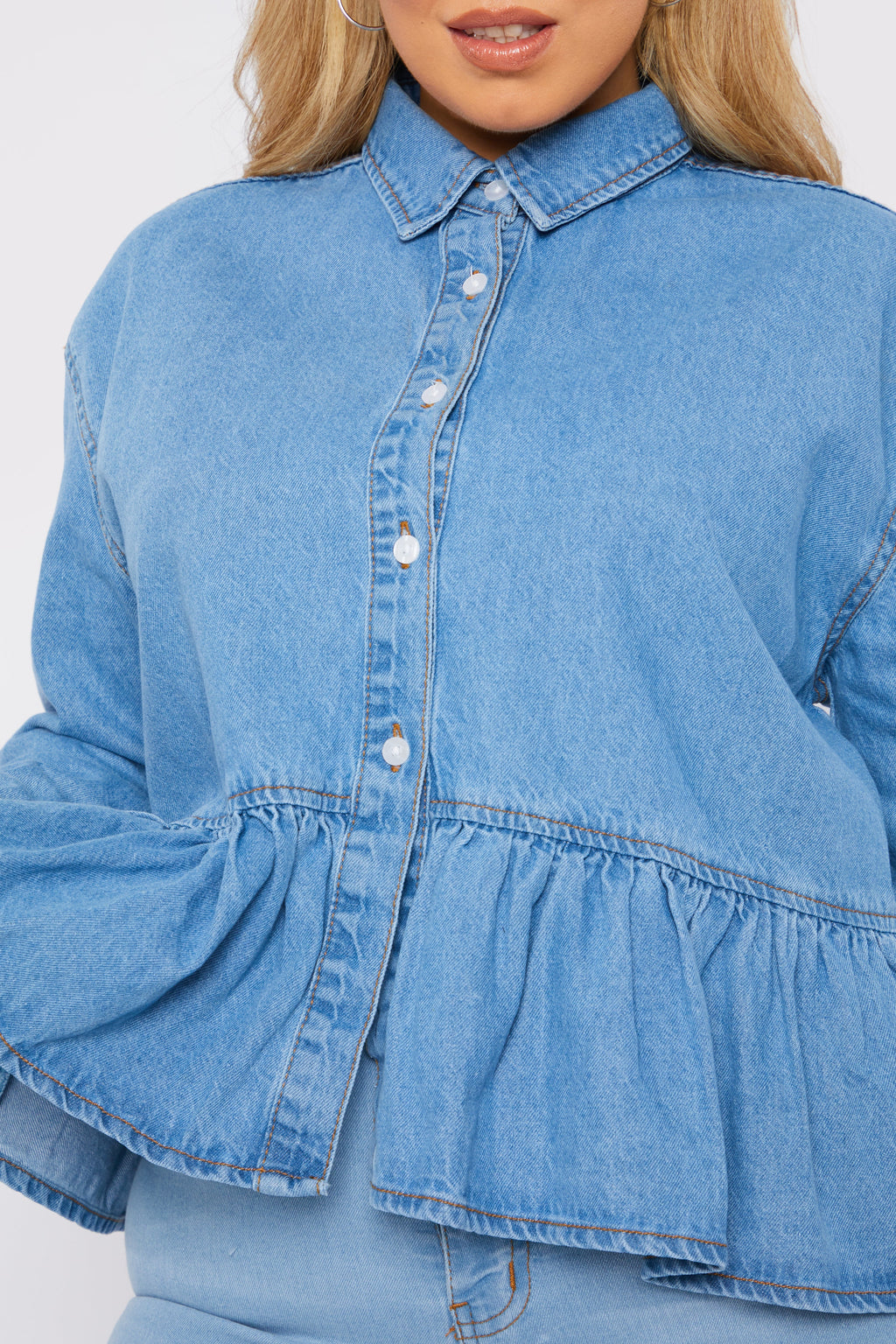 PLUS SIZE PEPLUM DENIM SHIRT - LIGHT BLUE
