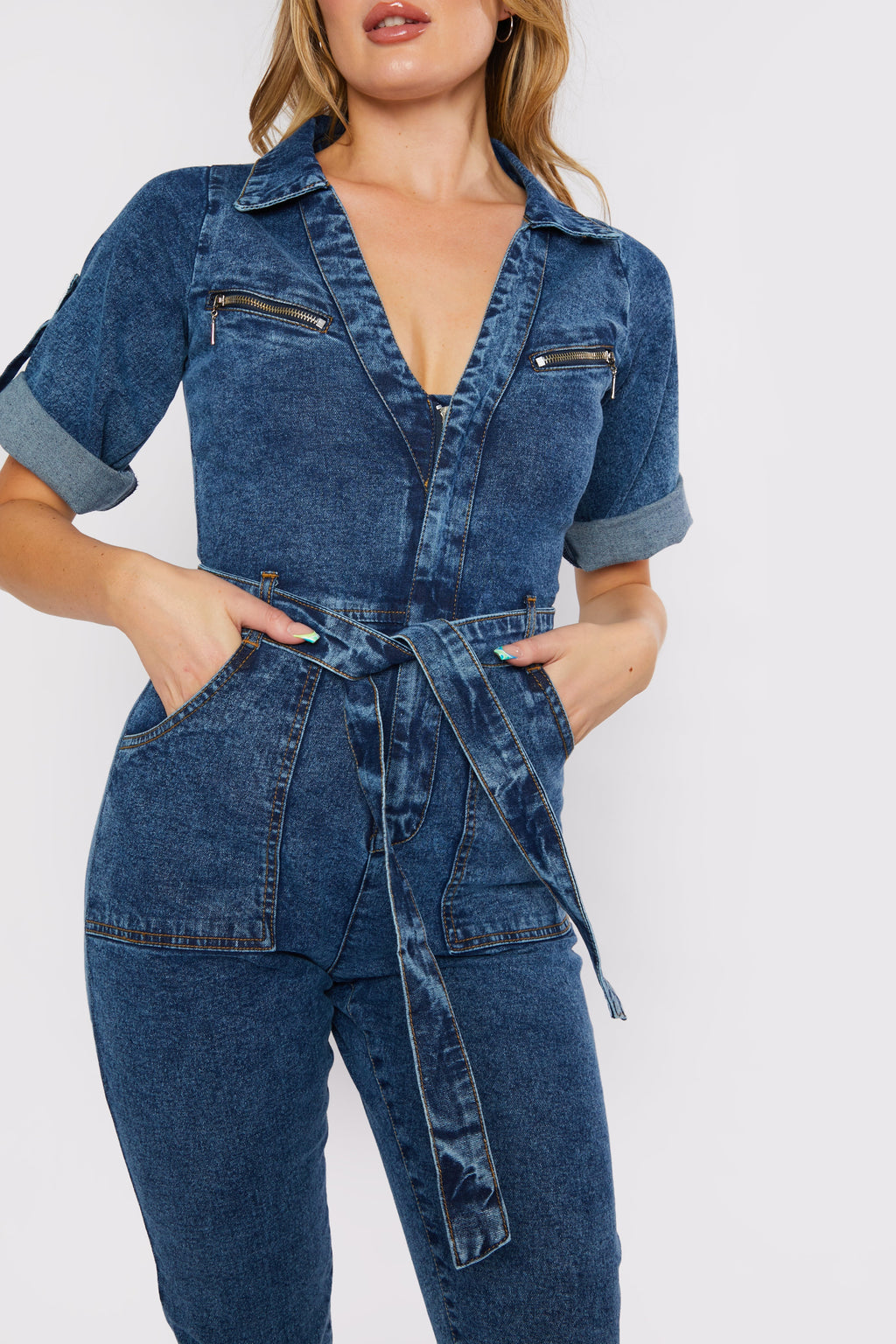 ZIP UP DENIM JUMPSUIT - BLUE ACID WASH