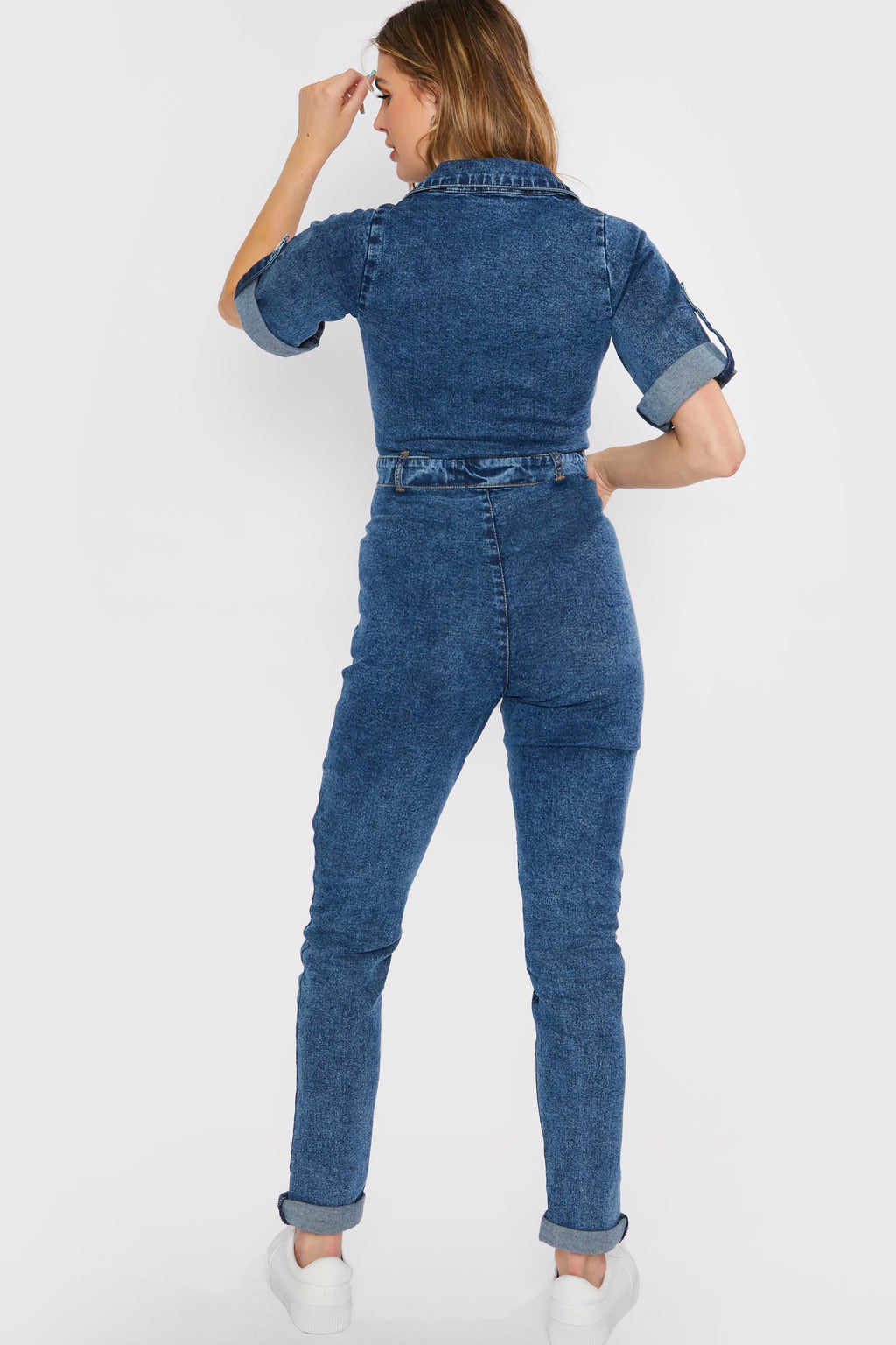 ZIP UP DENIM JUMPSUIT - BLUE ACID WASH