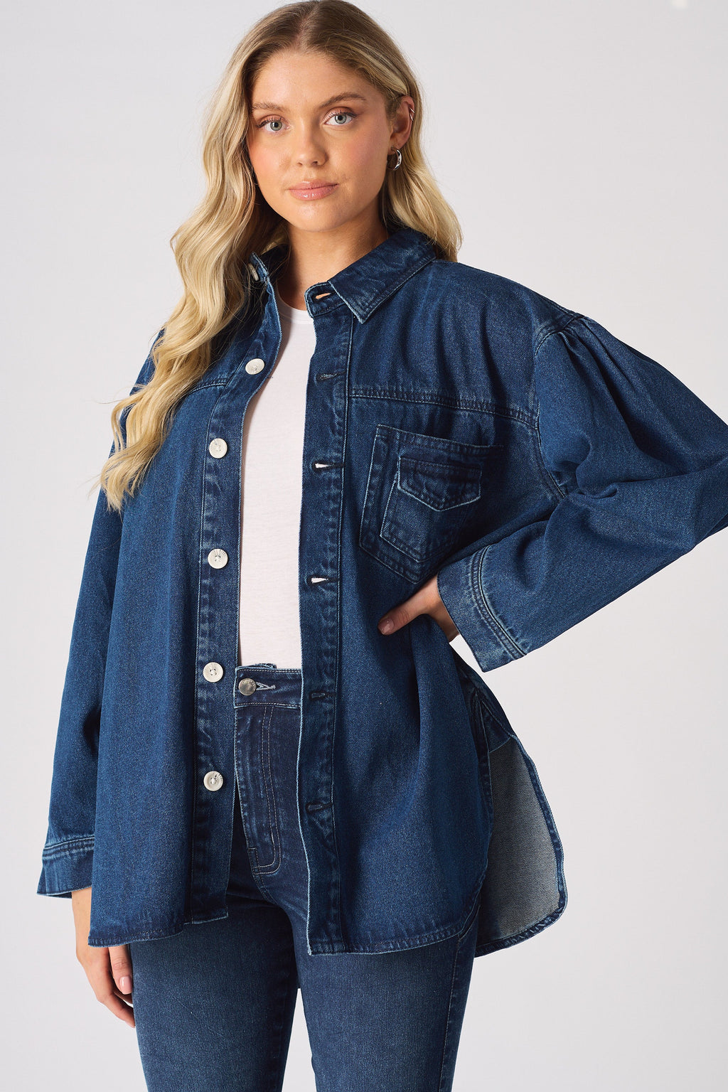 OVERSIZED LONG SLEEVE DENIM SHIRT - DARK BLUE