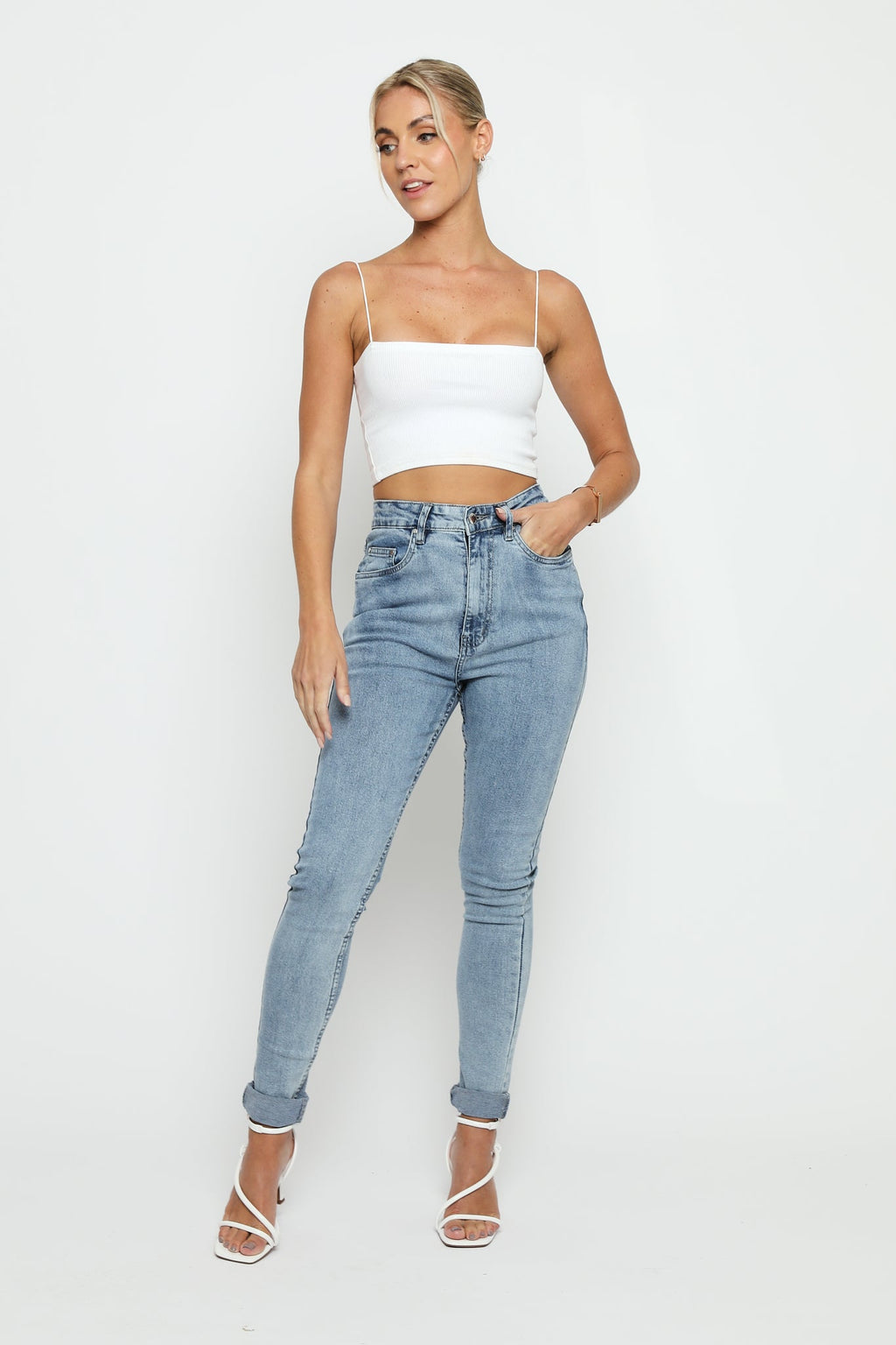HIGH WAISTED STRETCH SKINNY JEANS - STONE BLUE