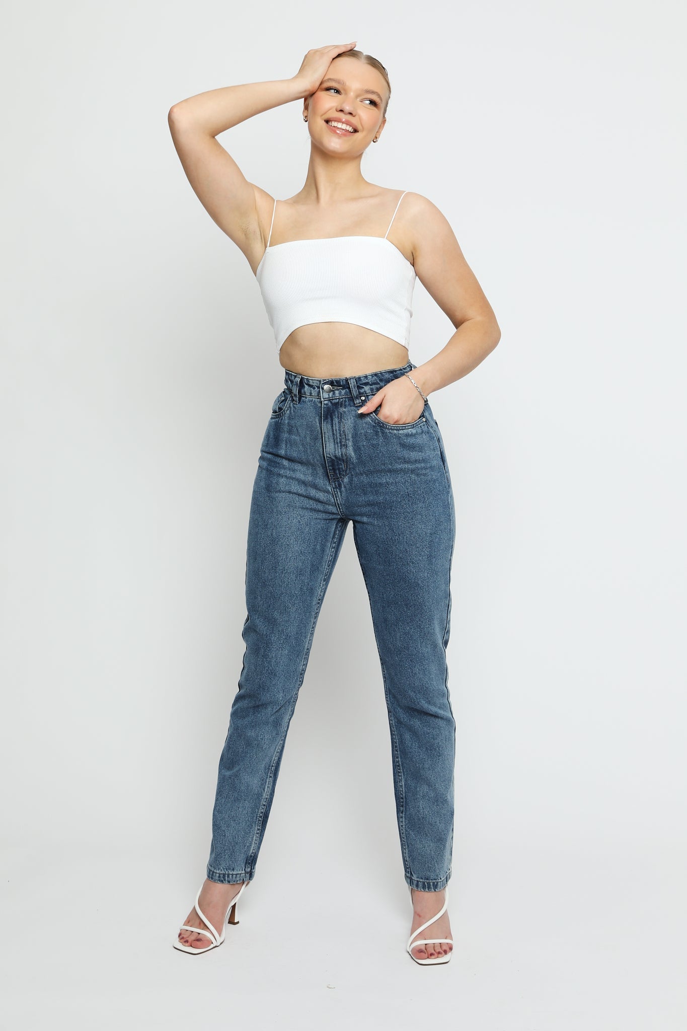 HIGH WAIST SLIM STRAIGHT JEANS - STONE BLUE