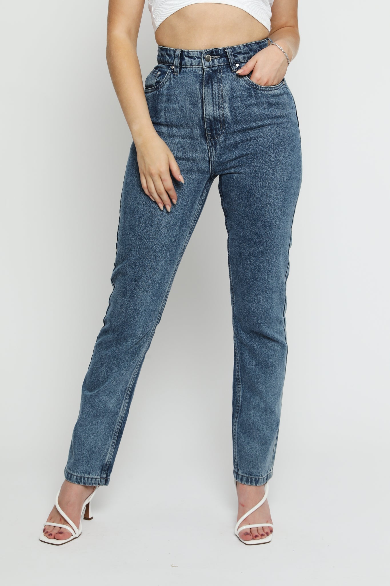HIGH WAIST SLIM STRAIGHT JEANS - STONE BLUE