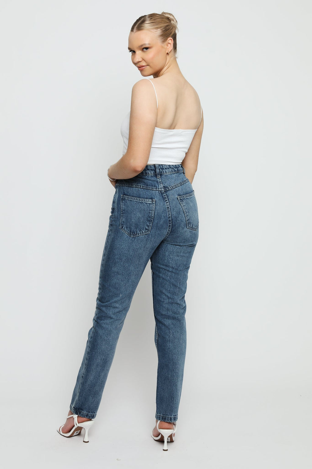 HIGH WAIST SLIM STRAIGHT JEANS - STONE BLUE