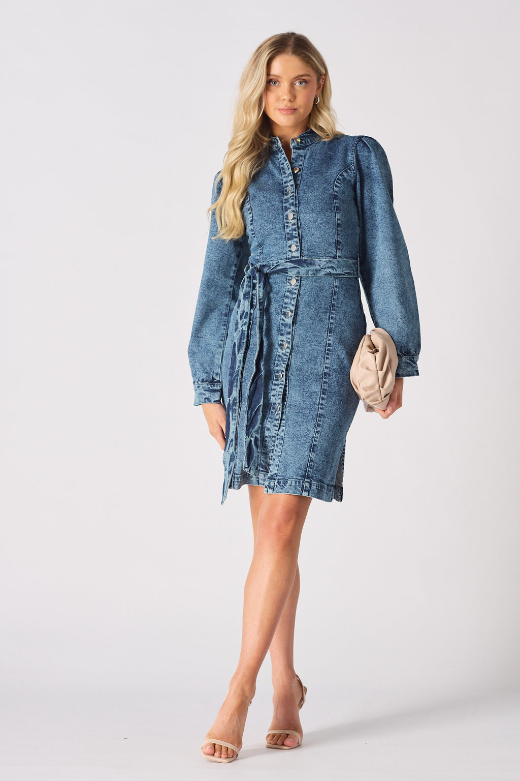 DENIM PUFF SLEEVE DRESS - BLUE