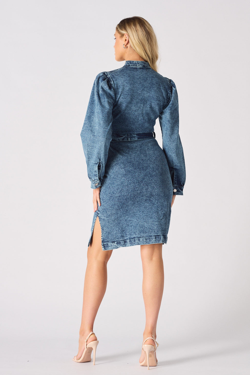 DENIM PUFF SLEEVE DRESS - BLUE