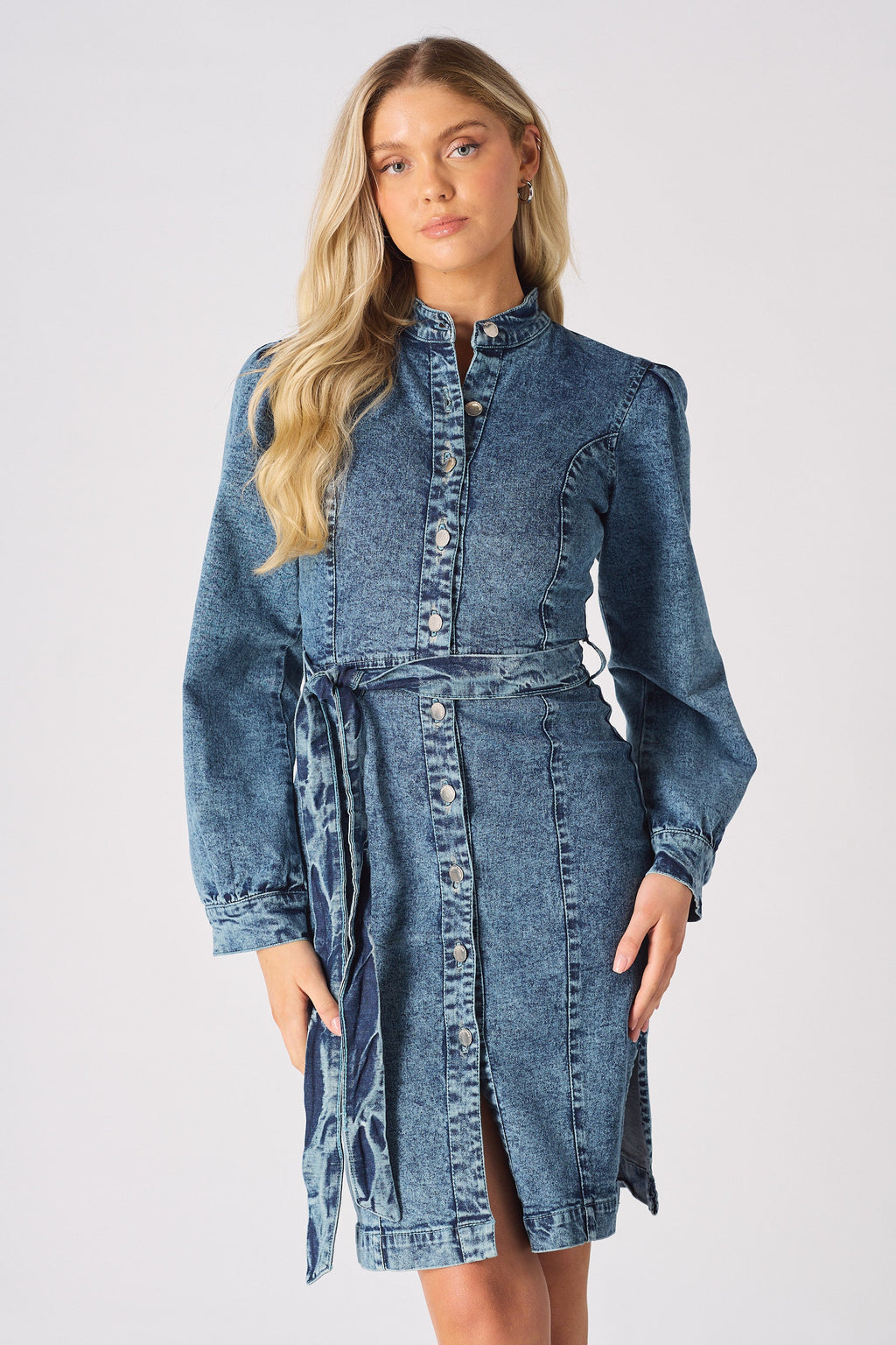 DENIM PUFF SLEEVE DRESS - BLUE