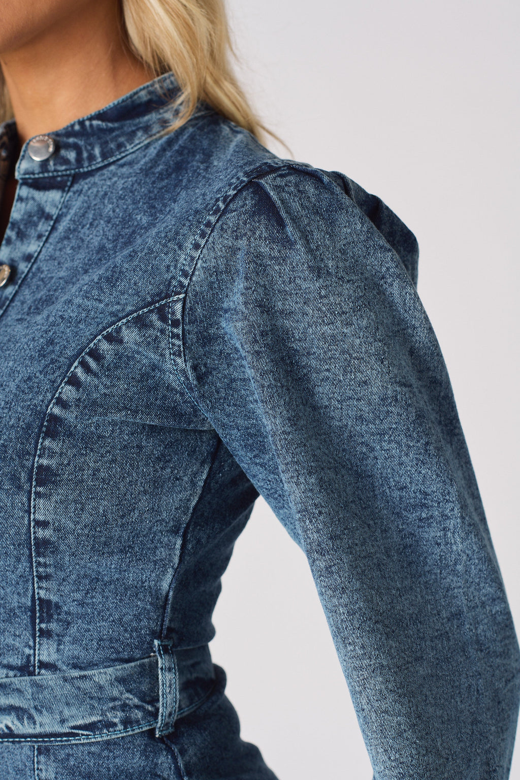 DENIM PUFF SLEEVE DRESS - BLUE
